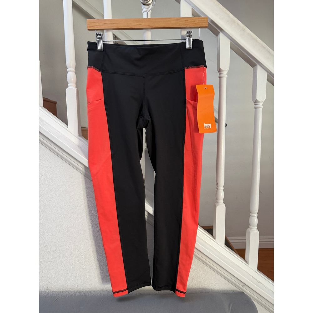 Lucy Pocket Run Capri Leggings Black Wild Coral Colorblock LU0A2S9V5YE Womens S